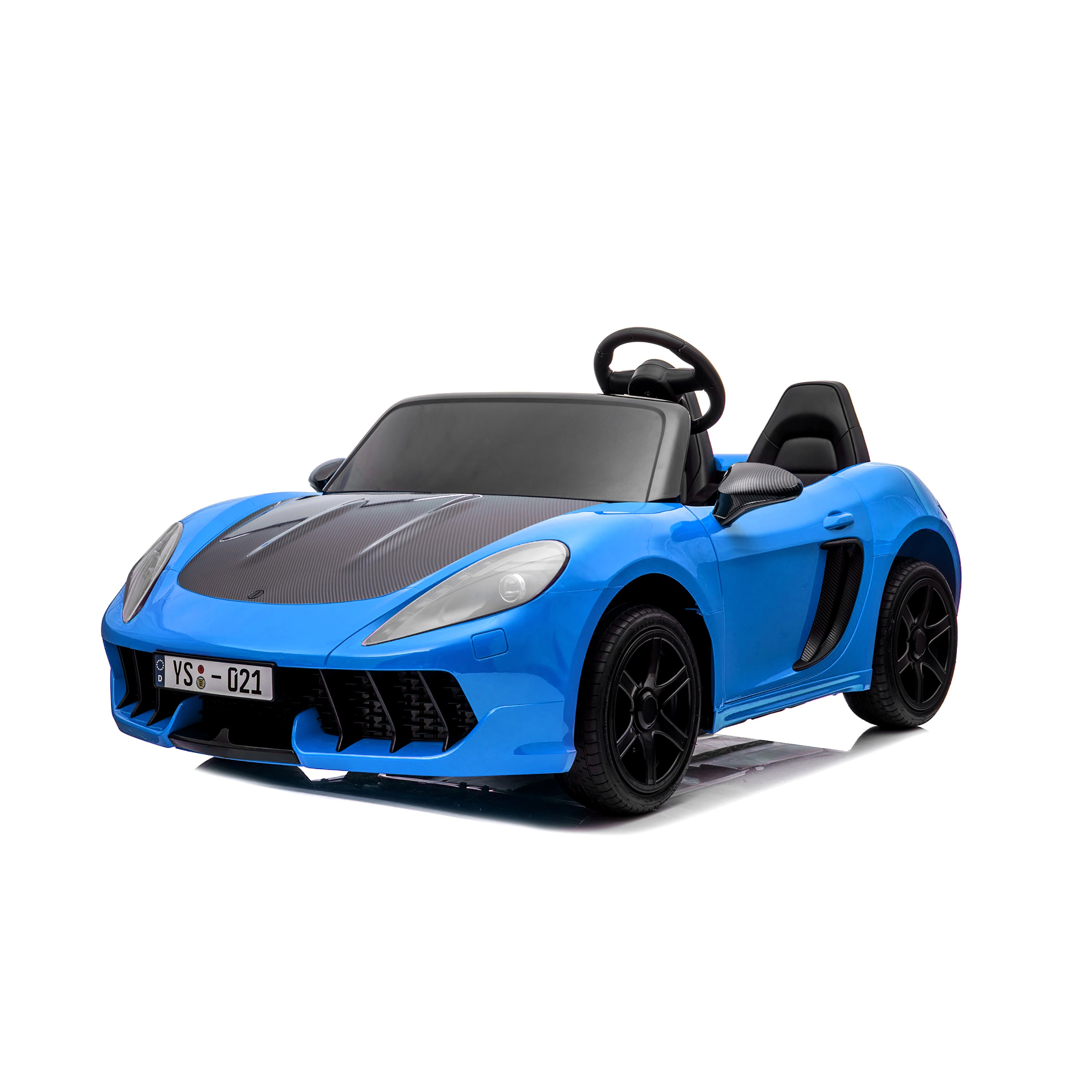 A blue children's ride-on toy car styled like a sports car, featuring a black hood, black steering wheel, and black wheels, shown on a white background.